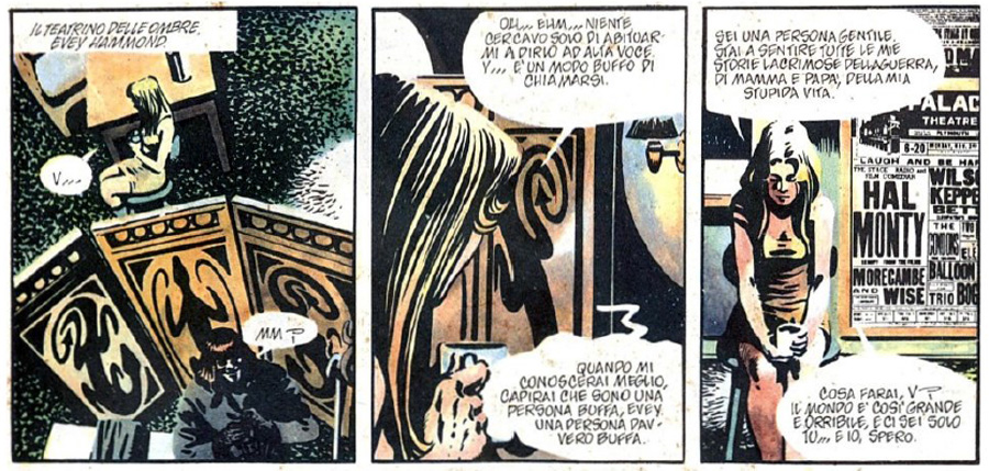 V per Vendetta fumetto: il protagonista prende una giovane fuggiasca sotto la sua ala